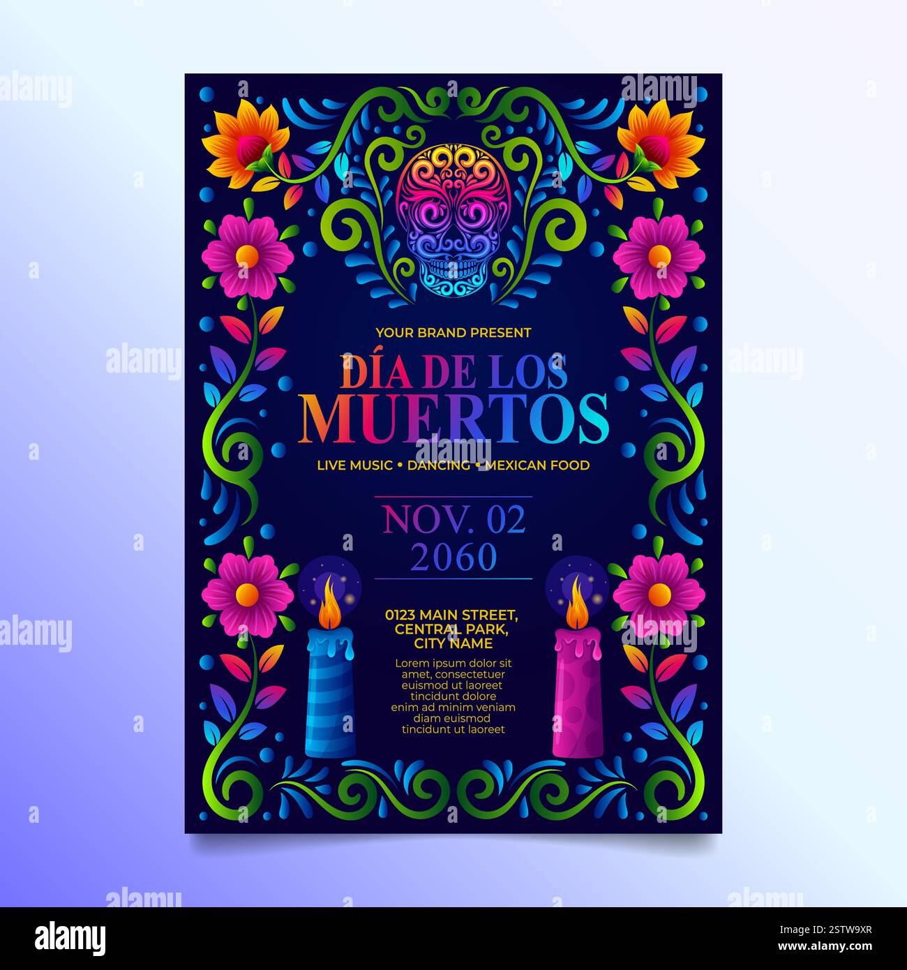 Day of the Dead Flyer oder Banner mit mexikanischer Blumenkunst und Zuckerschädel Stock Vektor