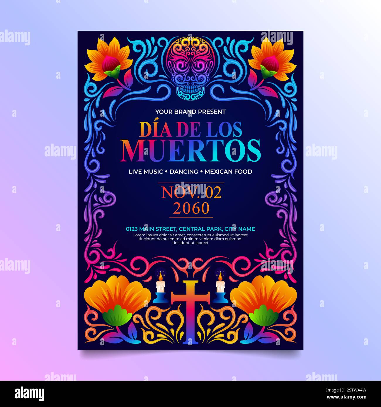 Dia de Muertos Brochure Design mit farbenfrohen mexikanischen Ornamenten Stock Vektor