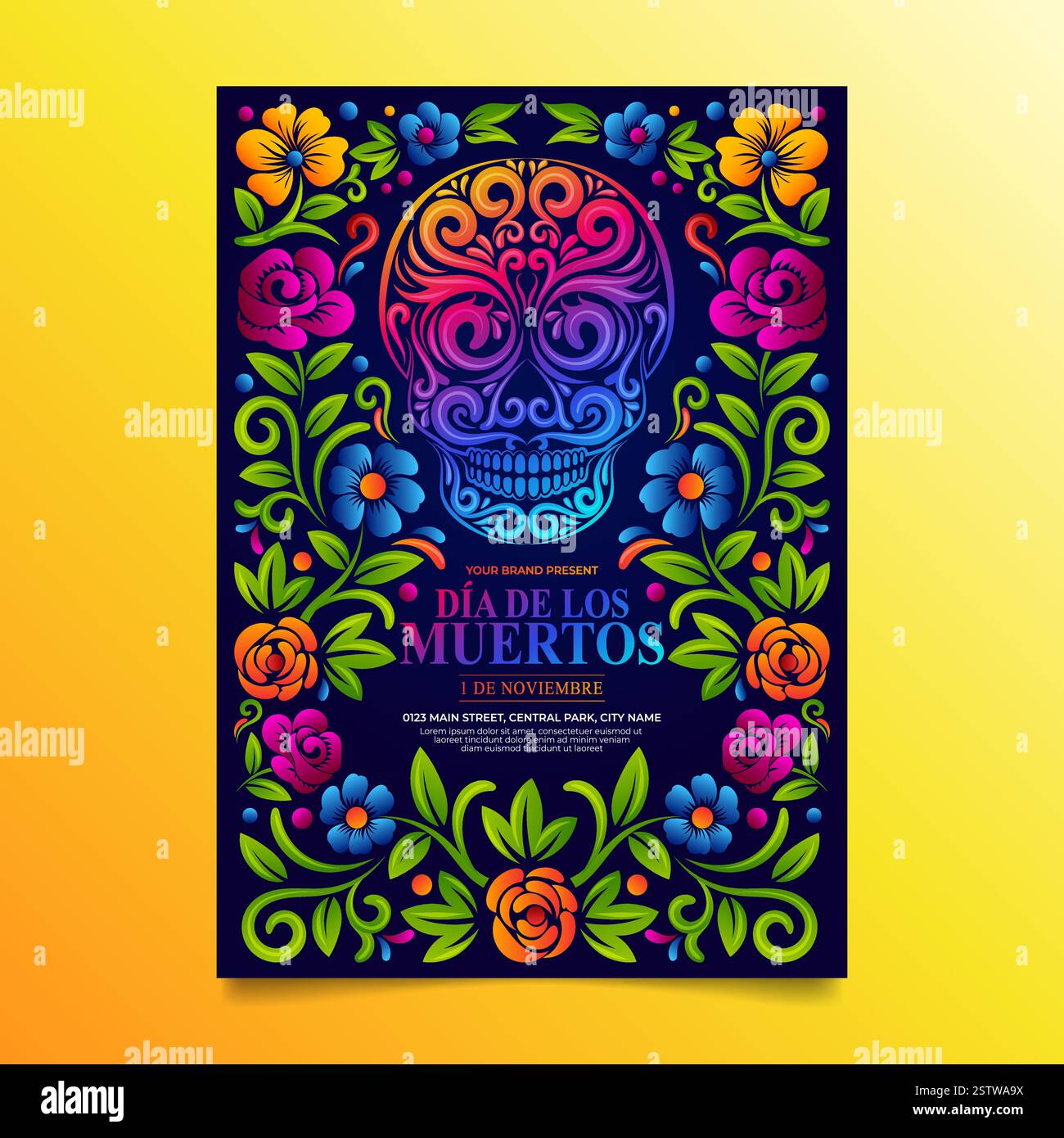 Dia de muertos Broschüre, Tag des toten Zuckerschädels mit mexikanischem Blumenschmuck Stock Vektor