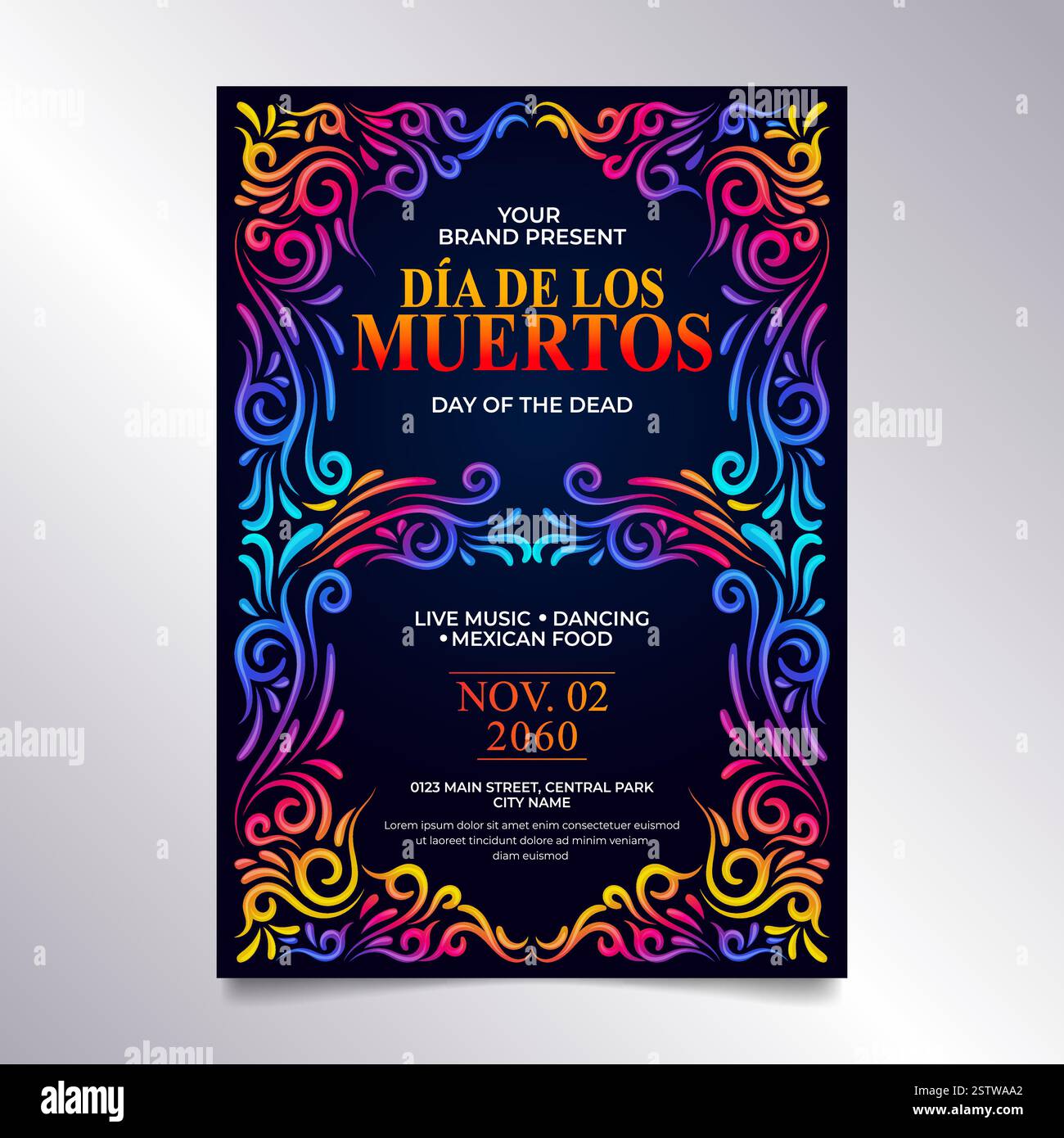 Tag der Toten, Dia de los muertos Flyer mit bunten mexikanischen Blumen. Für Urlaubsposter, Partyflyer, Grußkarte Stock Vektor