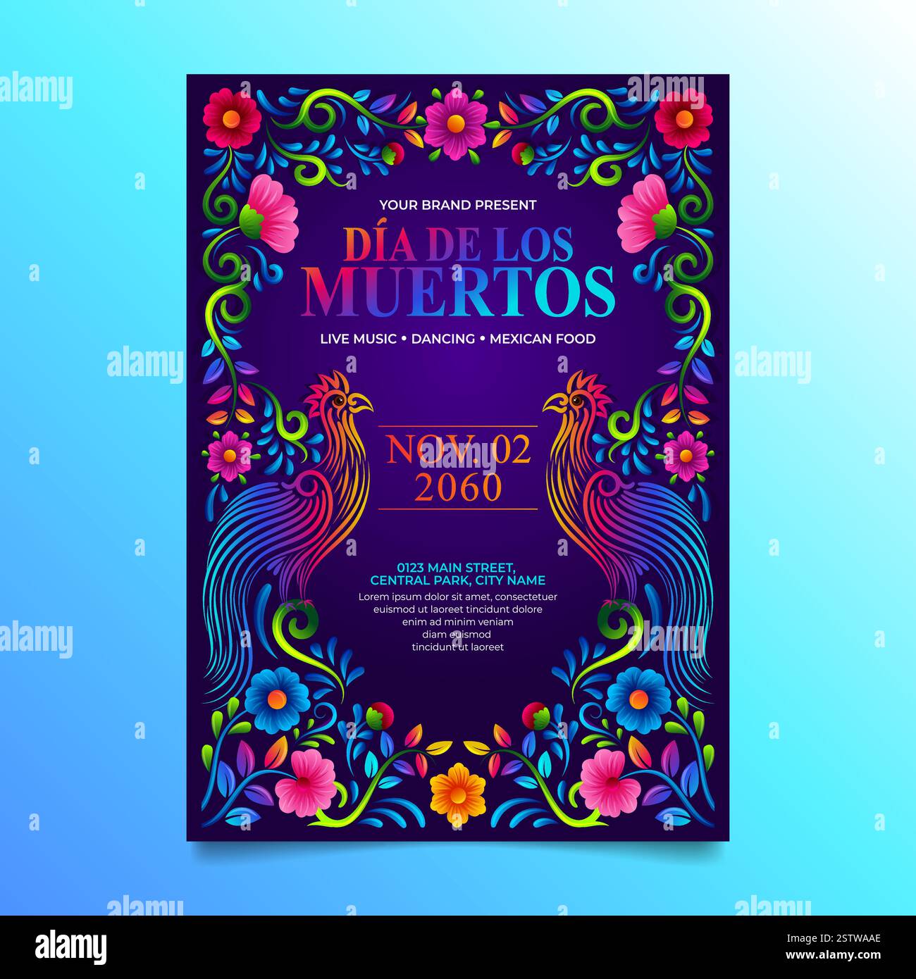 Flyer für Dia de Muertos. Mexikanische Blumenstickerei mit Volkskunst Vögel Vektor-Illustration Stock Vektor