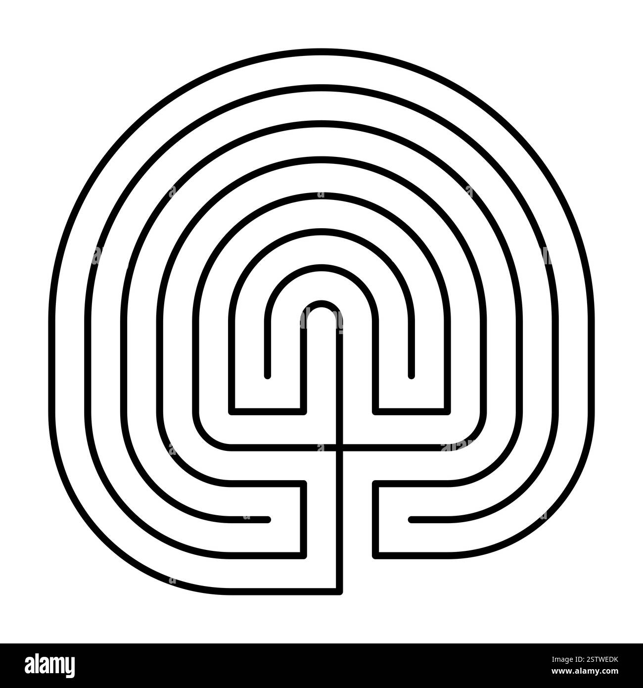 Siebenfaches kretisches Labyrinth mit einseitigem Weg. Klassisches Design eines kreisförmigen 7-Gang-Labyrinths, bekannt in der Antike. Stockfoto