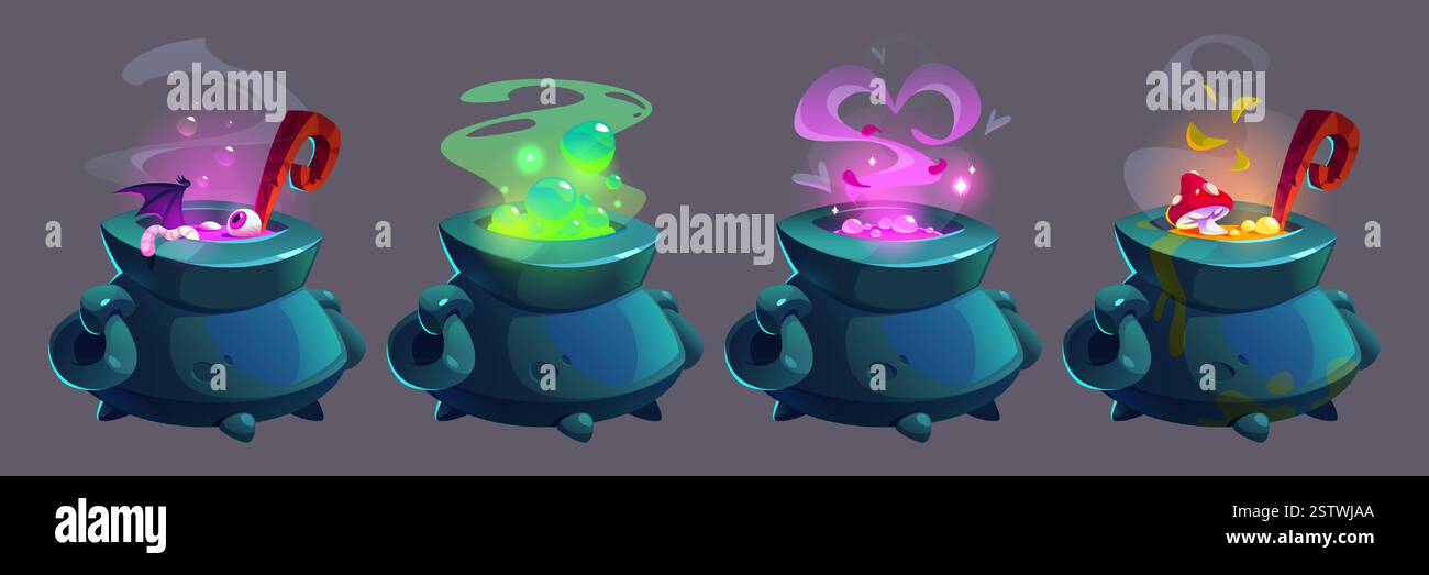 Spiel Hexenkessel Ikonen - Black Pot Braut magische Tränke. Flüssigkeit mit Auge und Fledermausflügel, grüne sprudelnde Mischung, rosa mit Herzrauch, roter Pilz in gelbem Gift. Fantasy-RPG-Zauberelemente. Stock Vektor