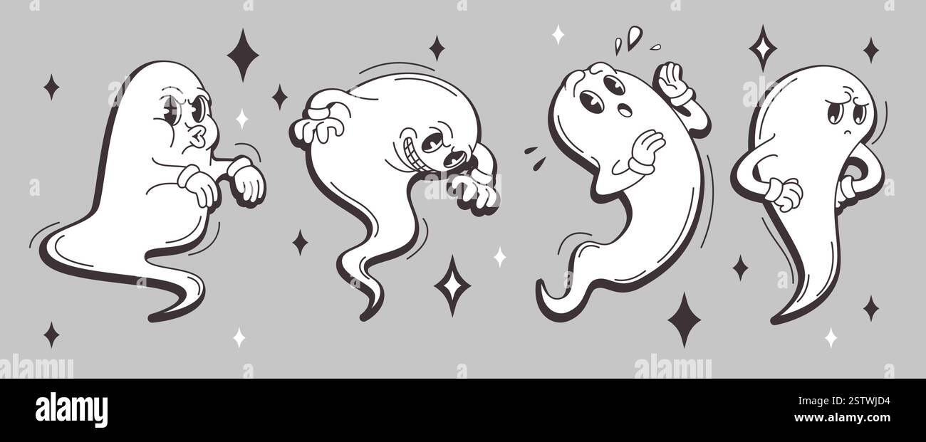 Groovige Geisterfiguren mit ausdrucksstarken Emotionen vor grauem Hintergrund. Gruselige Gespenster wütend, überrascht, boo erschreckend und aufgebracht. Retro-Zeichentrickgeister mit funkelnden Sternen für Halloween-Designs. Stock Vektor