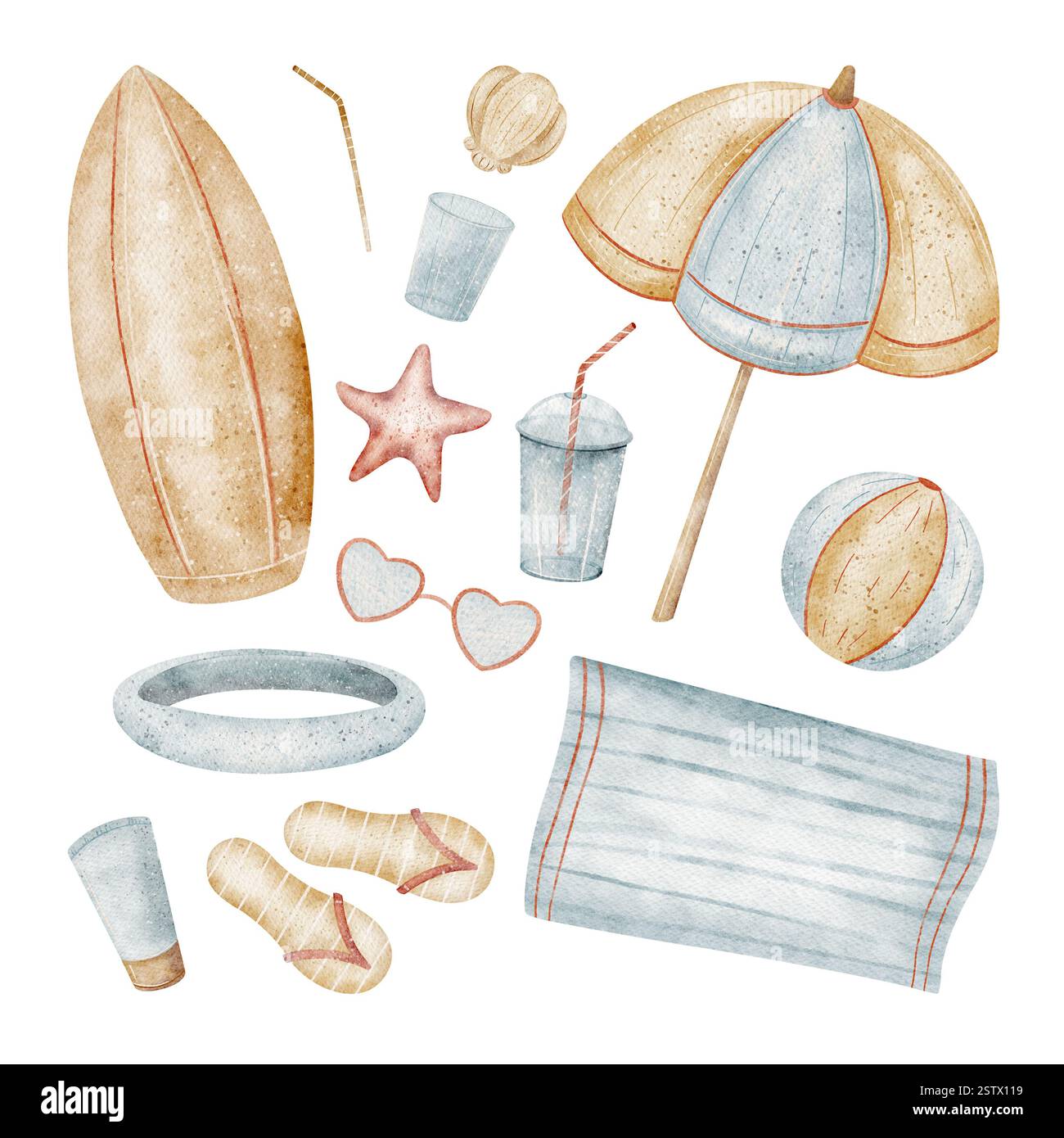 Watercolor Beach Accessoires aufblasbarer Kreis, Surfbrett, Regenschirm, Ball, Handtuch, Schalen. Isolierte Set-Illustration handgezeichnet im Cartoon-Stil für Stockfoto