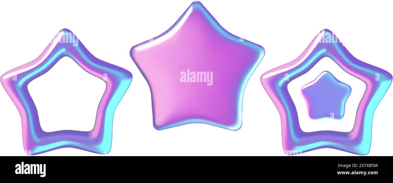 3D Stars irisierende lila und blaue y2k Aufkleber Set Stock Vektor