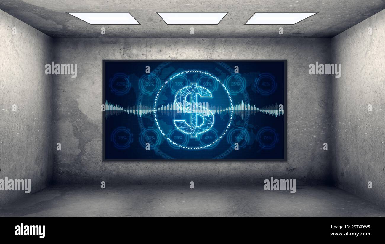Leuchtender virtueller Bildschirm mit Dollarsymbol, Bestandsdaten und Prozentdiagrammen im Betoninnenraum. Investitions- und Cyberspace-Konzept. 3D-Rendering Stockfoto