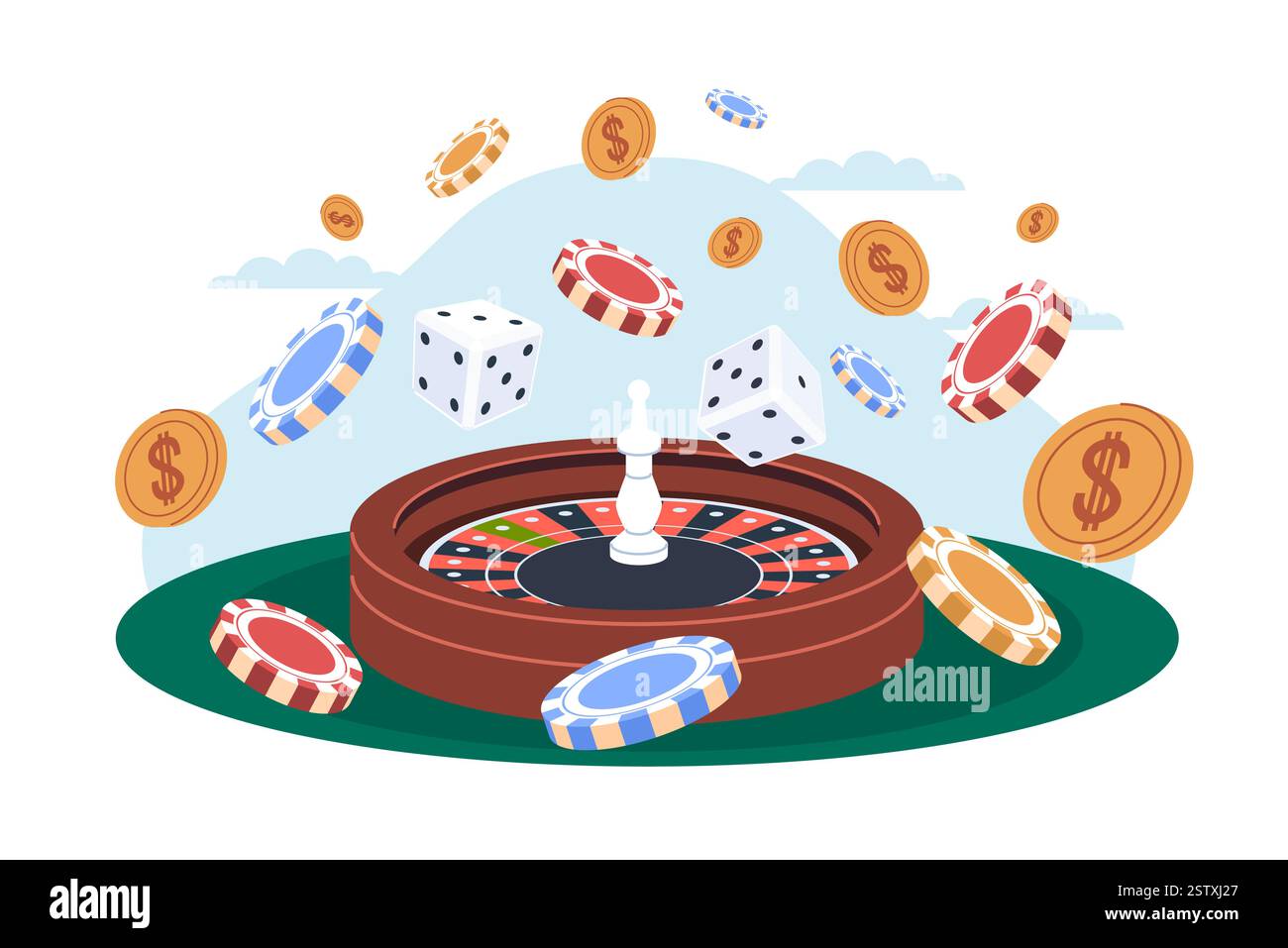 Casino-Konzept. Roulette-Rad und fliegende Chips mit Poker-Symbol, goldene Münzen fallen. Spielgeräte. Glück und Glücksspiel, Geld gewinnen Stock Vektor