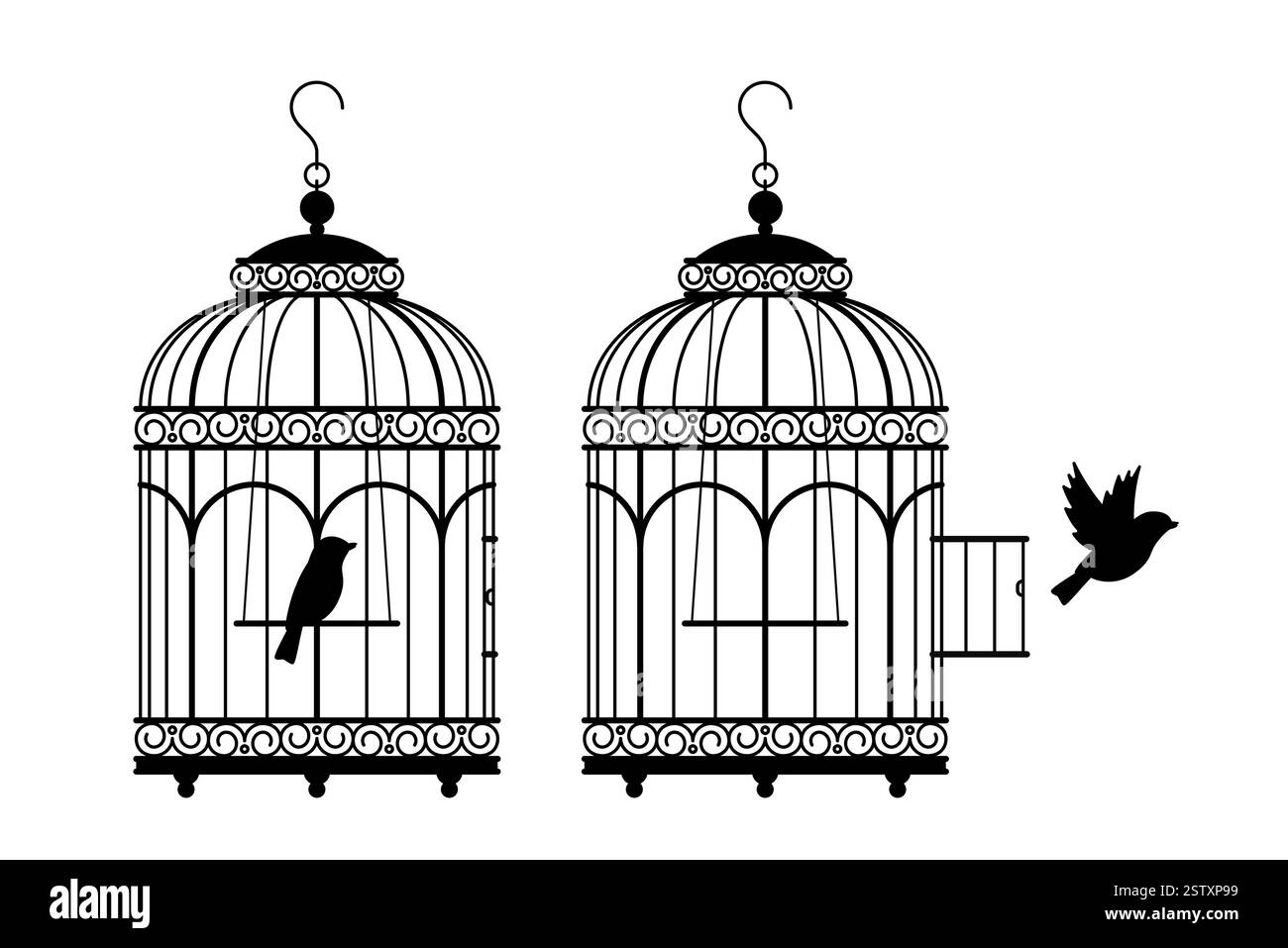 Vogel im Käfig und kanarienvogel fliegen aus Käfig. Schwarze Silhouetten. Antikes, klassisches Haus für Papageien. Retro-Vogelkäfig-Escape- und Freiheitssymbol. Dekorativ Stock Vektor