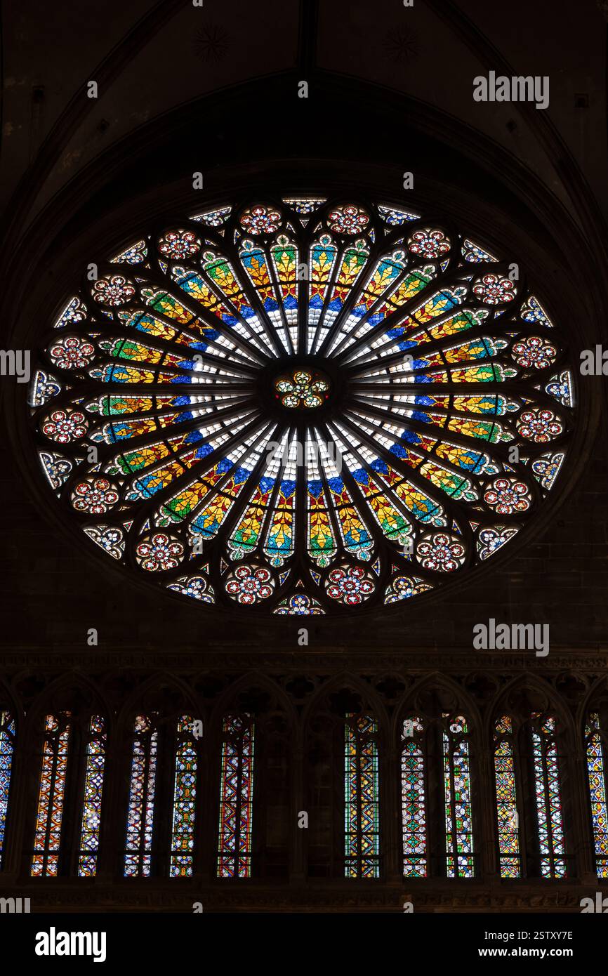Rosenfenster in der Straßburger Kathedrale de Notre-Dame in Straßburg, Elsass, Frankreich. Stockfoto