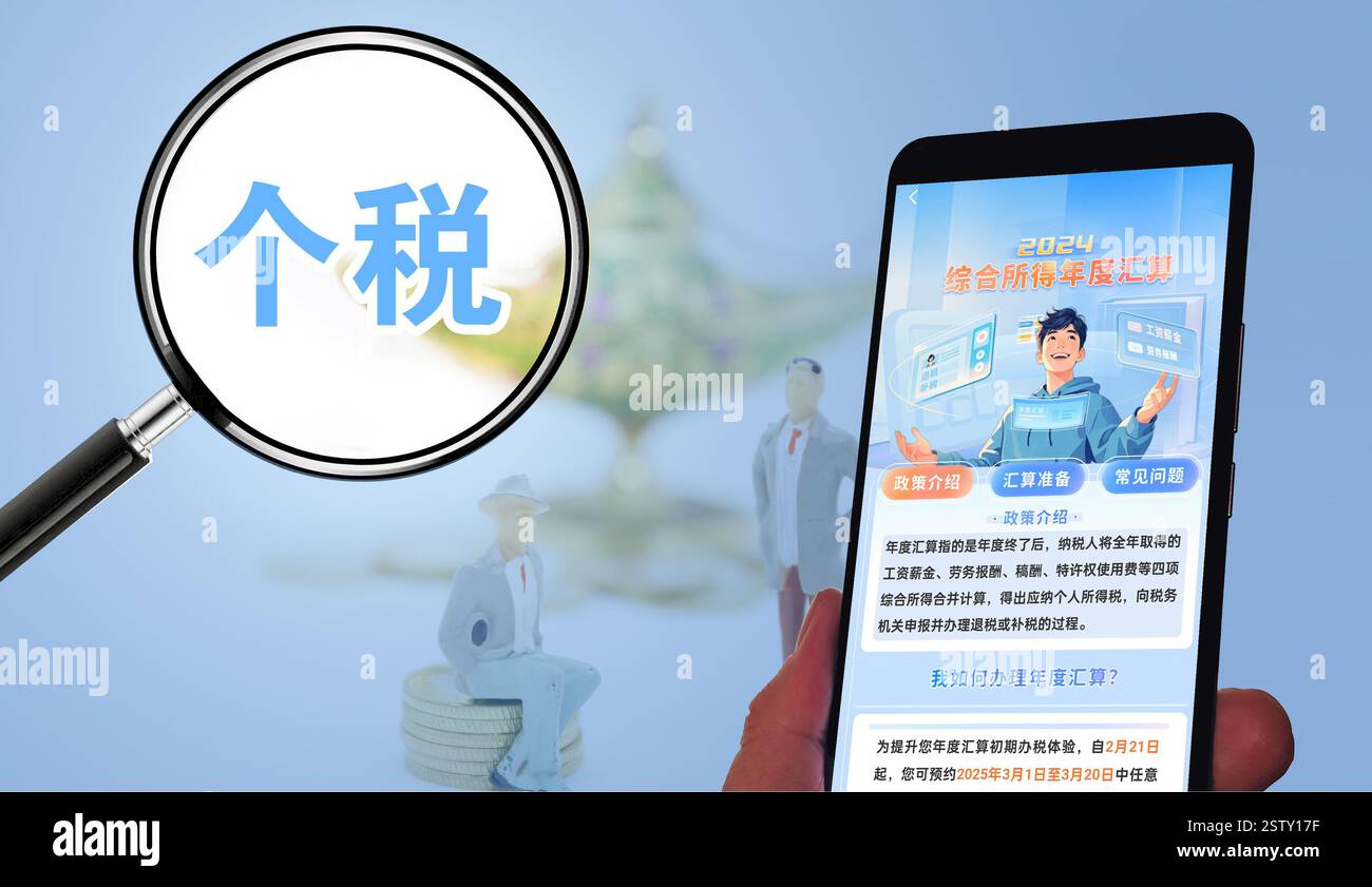 SHANGHAI, CHINA - 20. FEBRUAR 2025 - eine Abbildung zeigt die jährliche Abrechnung und Zahlung des Gesamteinkommens der Einkommensteuer Seite Disp Stockfoto