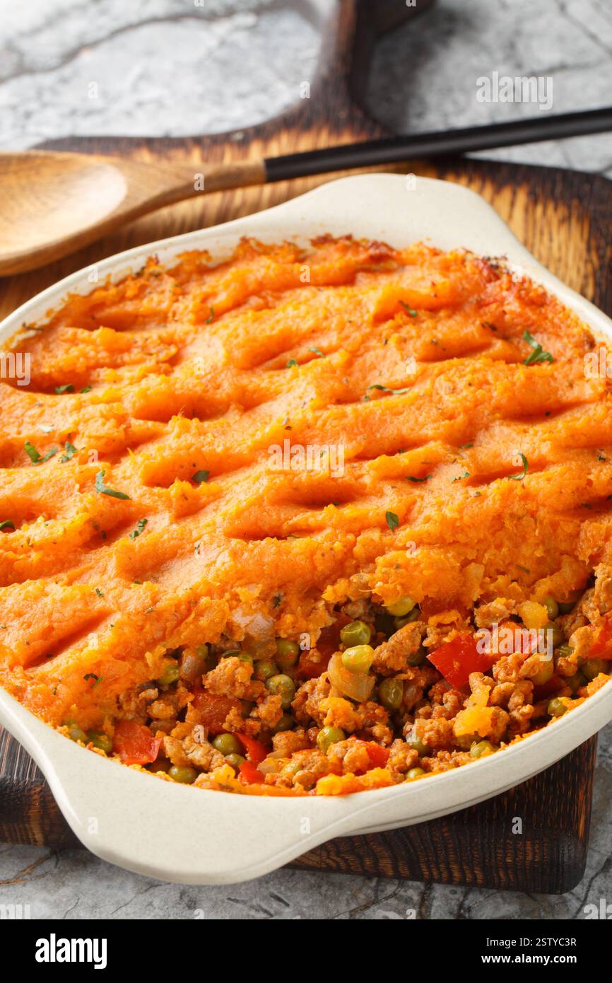 Gesunder Hirtenkuchen aus gemahlenem Fleisch, Gemüse und mit einer Schicht flauschigen süßen Kartoffelpüree in der Nähe auf der Backform auf der Woo Stockfoto