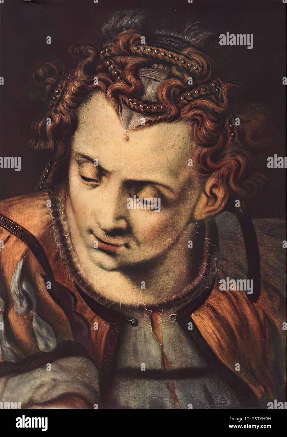 FLORIS, Frans (* ca. 1516, Antwerpen, d. 1570, Antwerpen) Kopf einer Frau 1554 Öl auf Holz, 45 x 32,5 cm die Eremitage, St. Petersburg der Maler malte häufig Kopfstudien, die später vom Künstler oder einem der Assistenten in seiner Werkstatt für größere Kompositionen verwendet wurden. Dieses Gemälde ist eine dieser Studien. --- Schlüsselwörter: ----------------- Autor: FLORIS, Frans Titel: Leiterin einer Frau Zeitlinie: 1551-1600 Schule: Flämische Form: Malerei Art: Porträt Stockfoto