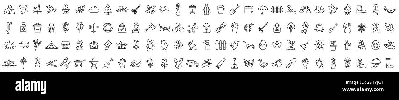 Frühlingssymbole. Großer Satz von 112 dünnen Symbolen. Bearbeitbare Kontur. Stock Vektor