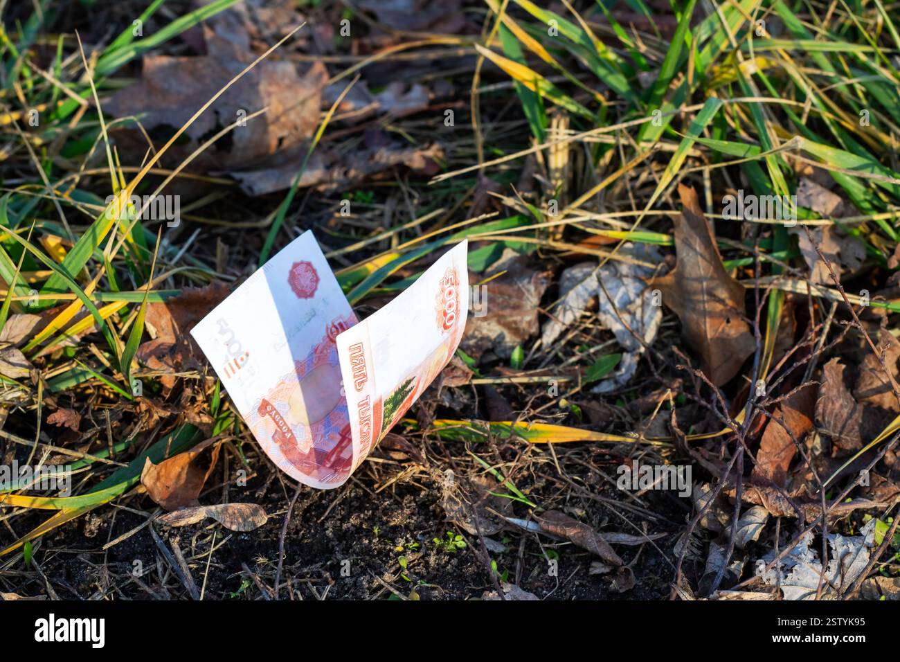 Ein zerknitterter russischer Rubel liegt leichtfertig auf dem Boden inmitten der gefallenen Blätter und Trümmer und fügt sich in die herbstliche Landschaft ein Stockfoto