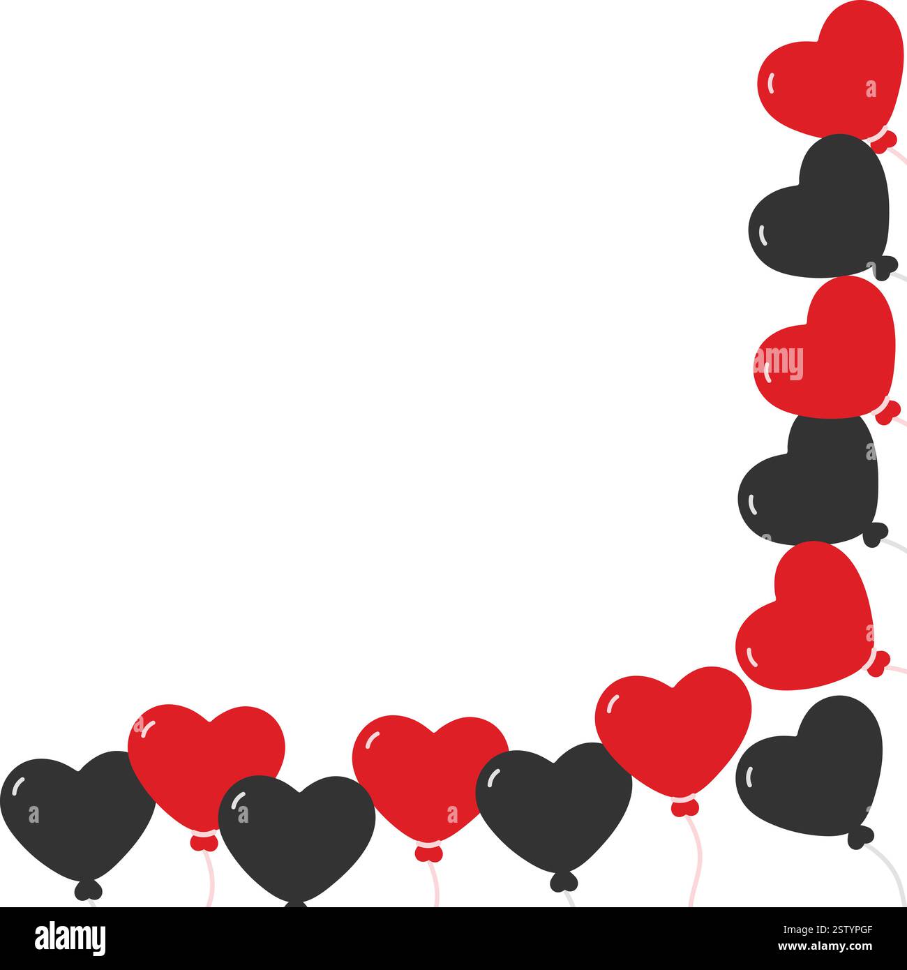 Rote und schwarze Herzballons am Seil Eckrahmen Rahmen Grußfläche Kopierraum Vorlage Idee. Isolierte Vektor-Illustration St. Valentinstag Gruß oder Web Promo Banner, Faltblatt, Preisschild, Etikett Stock Vektor