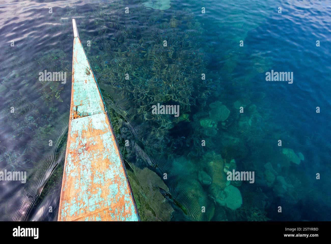 Banca schwimmt auf klarem Flachwasser mit sichtbaren Korallen an einem beliebten Tauchplatz in Busuanga, Philippinen Stockfoto