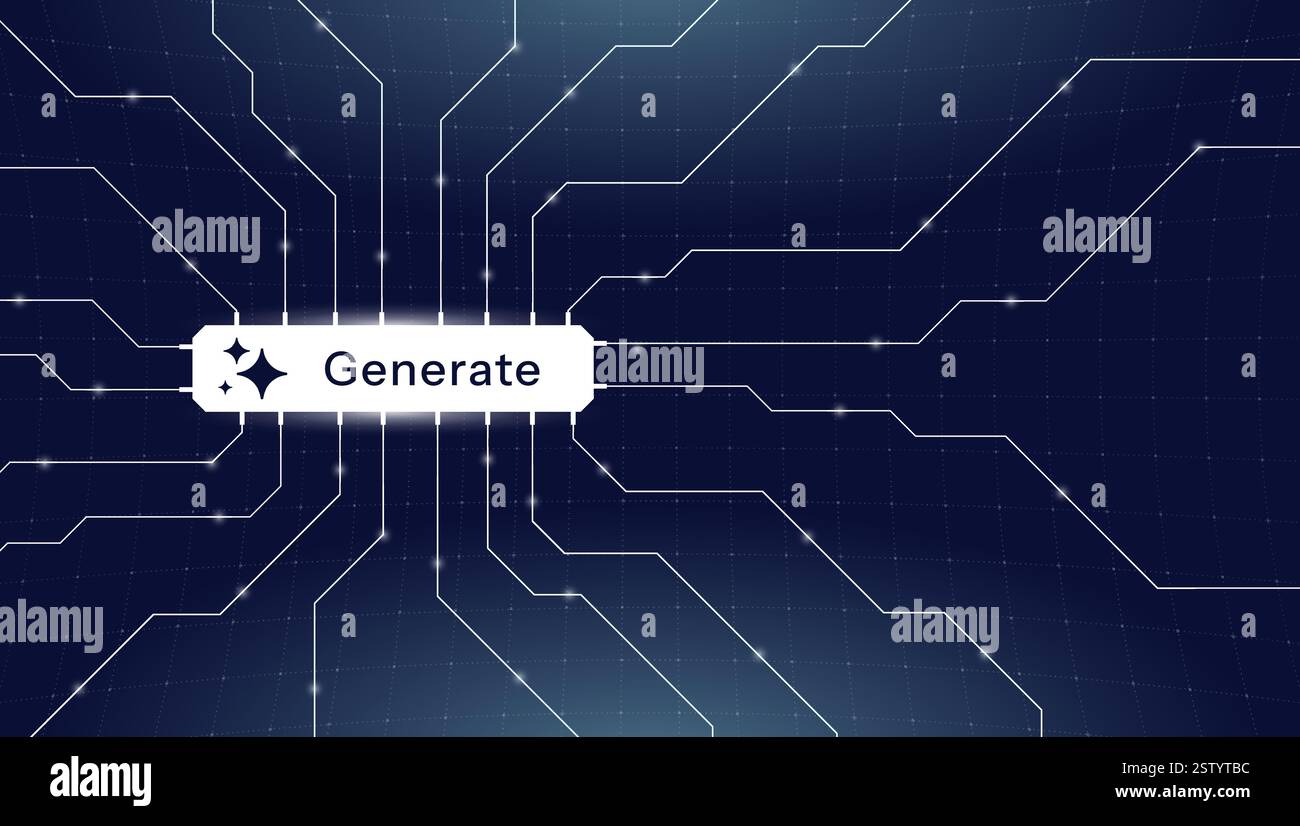 Futuristisches KI-Banner mit generativem konversarialem Netzwerk, großem Sprachmodell und digitalen Verbindungen. Künstliche Intelligenz, maschinelles Lernen oder Cyber-Innovation moderner technischer Vektor Stock Vektor