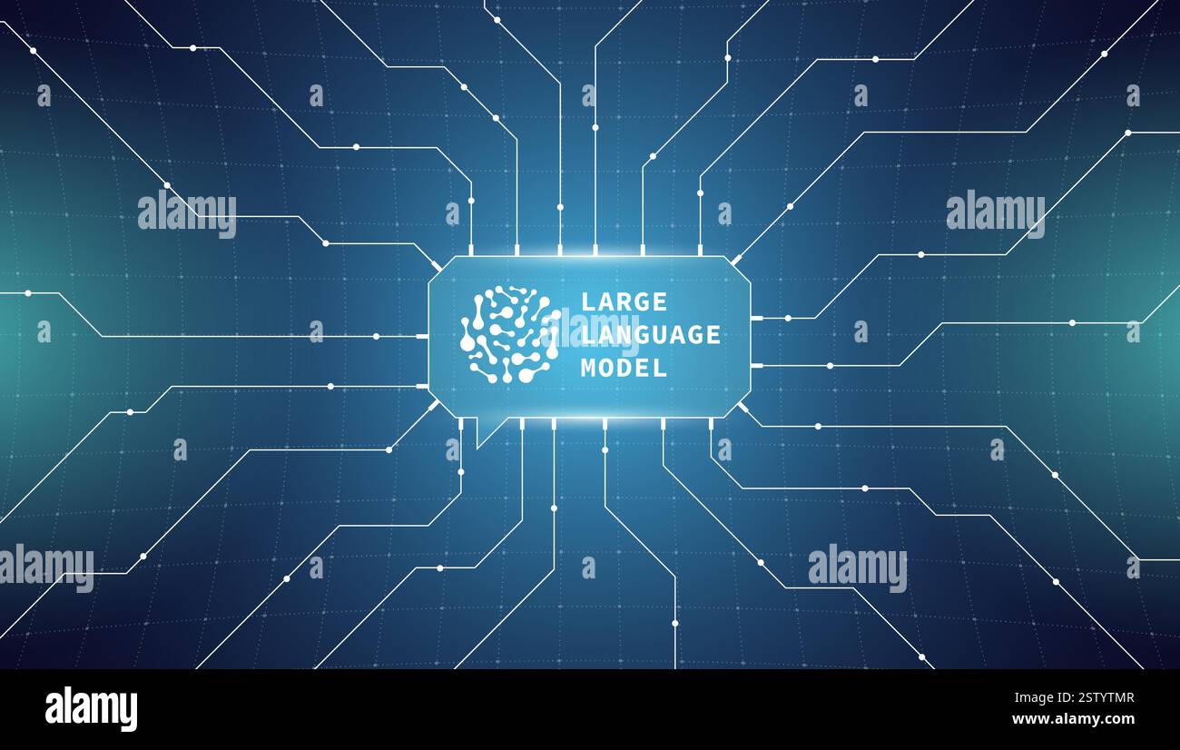Futuristisches KI-Banner mit großem Sprachmodell, neuronalem Netzwerk und Datenverbindungen. Abstrakte Vektorillustration für künstliche Intelligenz, maschinelles Lernen, NLP oder digitales Technologiekonzept. Stock Vektor