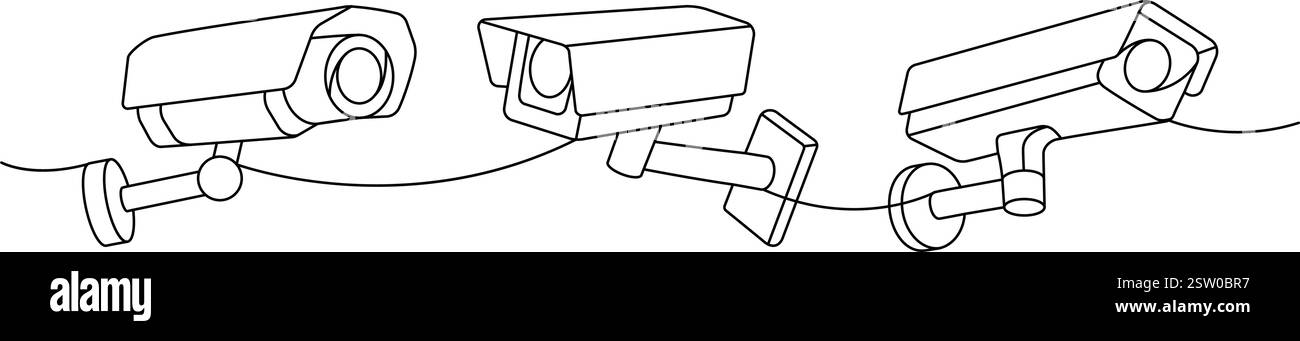 Videokameras, eine Zeile, durchgehende Zeichnung. Heimsicherheitssystem. Vektorabbildung. Stock Vektor
