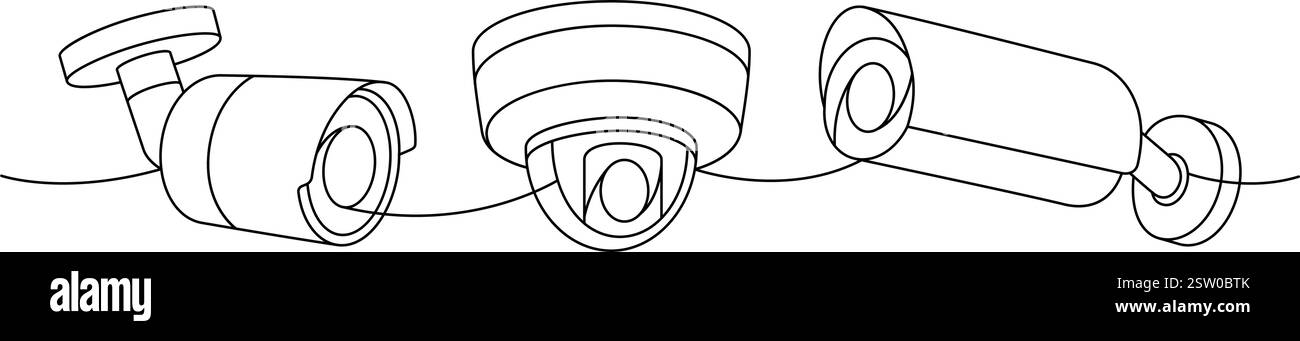 Externe CCTV-Kameras, eine Zeile, kontinuierliche Zeichnung. Videokameras für den Außenbereich. Vektorabbildung. Stock Vektor