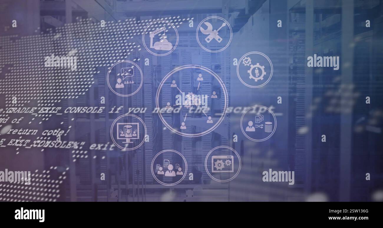 Bild von Symbolen für Geschäftsmedien über Weltkarte und Datenverarbeitung Stockfoto