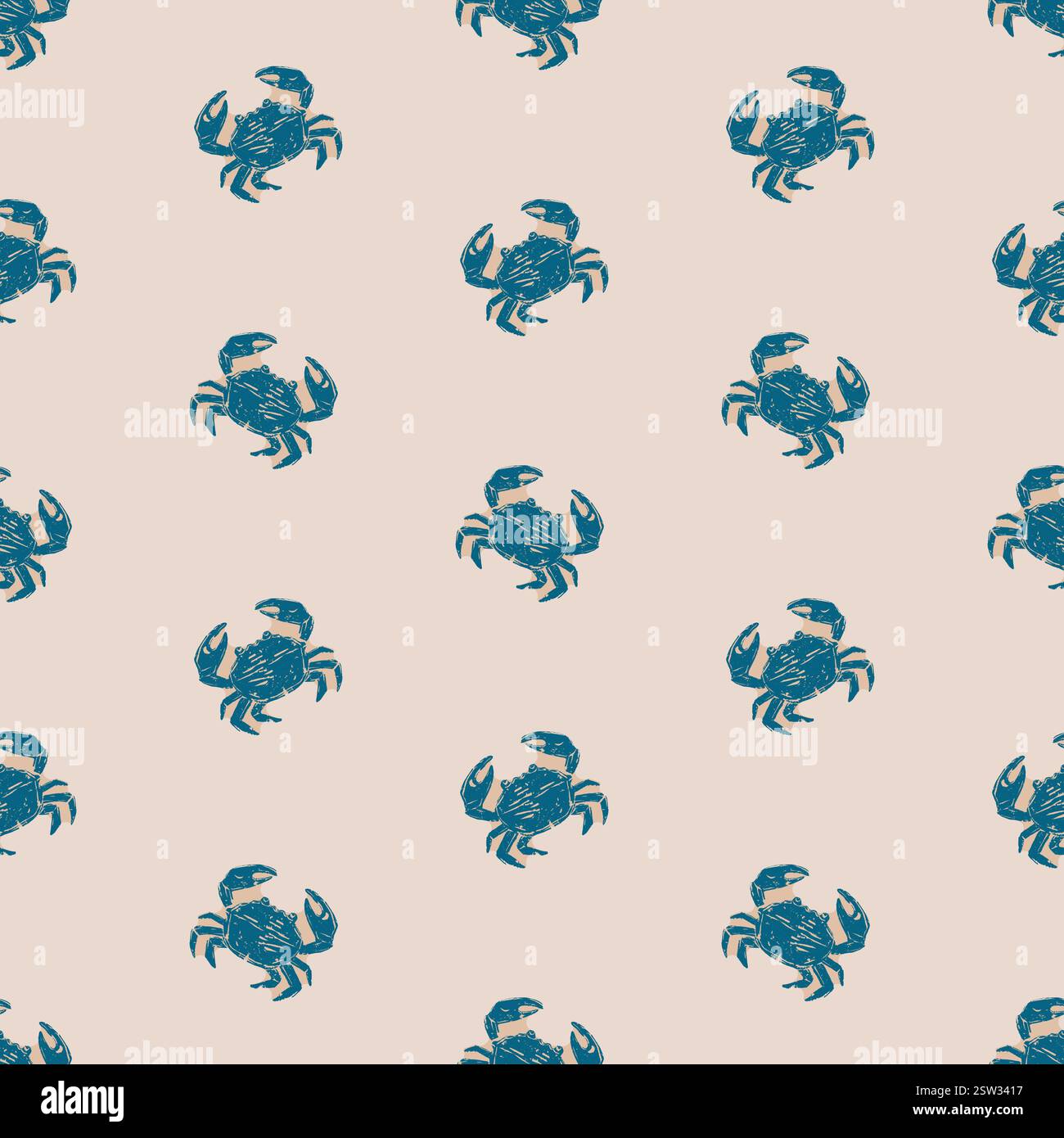 Blaue Krabben auf Beige Küstenschifffahrtsmuster. Handgezeichnete blaue Krabben auf beigefarbenem Hintergrund schaffen ein nautisches, von der Küste inspiriertes Design. Perfekt für Stock Vektor