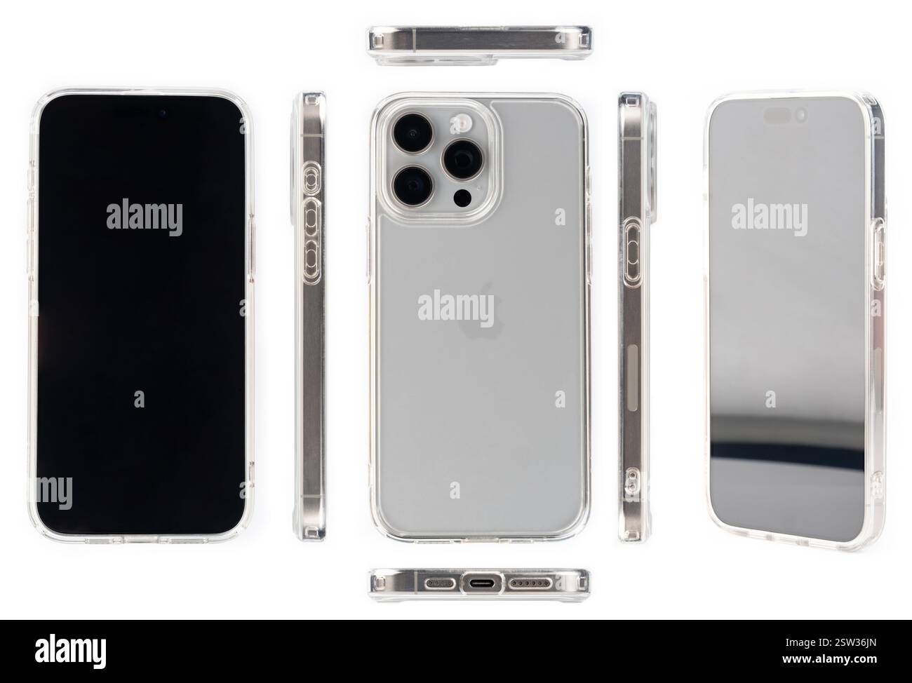 New York, USA - 20. Februar 2025: IPhone 15 pro max in transparenter Hülle, verschiedene Ansichten isoliert auf Studiohintergrund Stockfoto