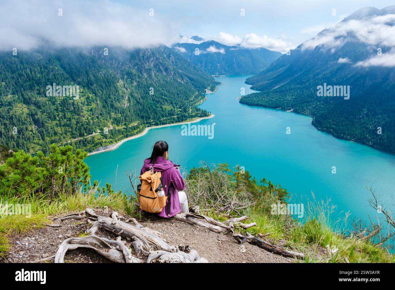 Atemberaubender Blick auf den Plansee in Österreich, perfekt für Reflexion und Naturerlebnisse Stockfoto
