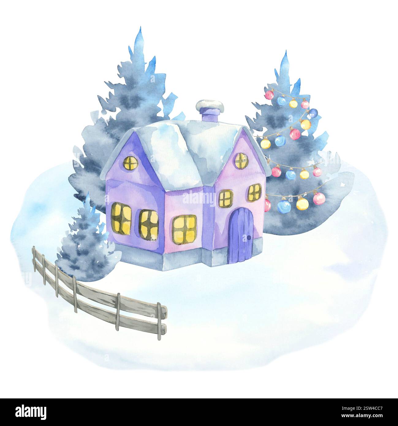 Kinder-Winter-Illustration. Haus im Wald. Aquarell. Clipart Kollektion Stockfoto
