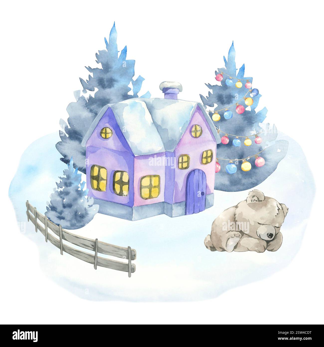 Kinder-Winter-Illustration. Haus im Wald. Aquarell. Clipart Kollektion Stockfoto