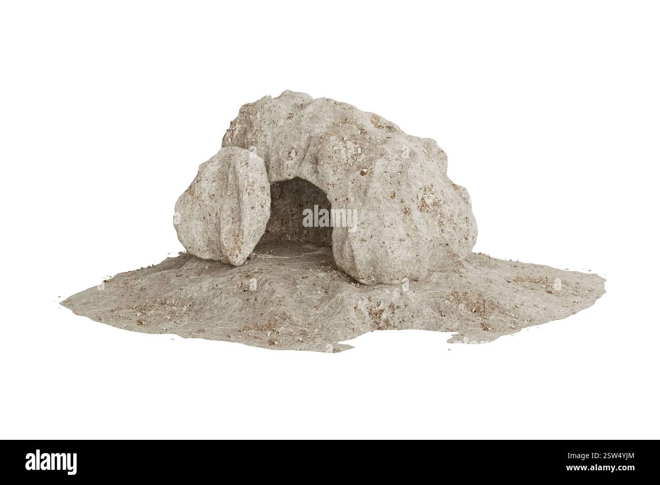 Osterkonzept. Leeres Grab Jesu Christi mit weggerolltem Stein in der Nähe des Eingangs zur Höhle auf weißem Hintergrund. 3D-Rendering Stockfoto
