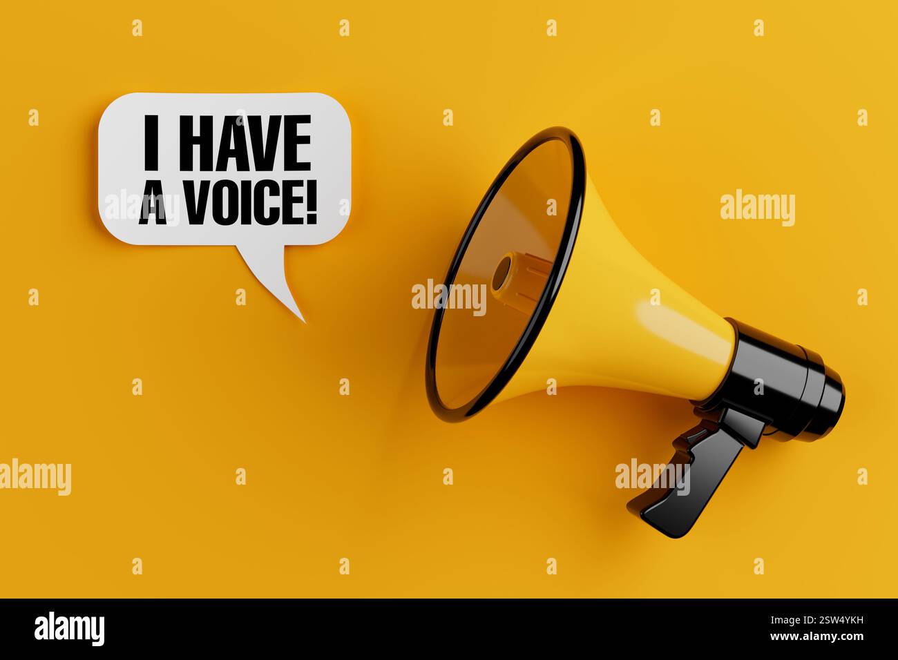 Gelbes Megaphone mit I Have a Voice Sign Speech Clouds Chat Bubble auf gelbem Hintergrund. 3D-Rendering Stockfoto