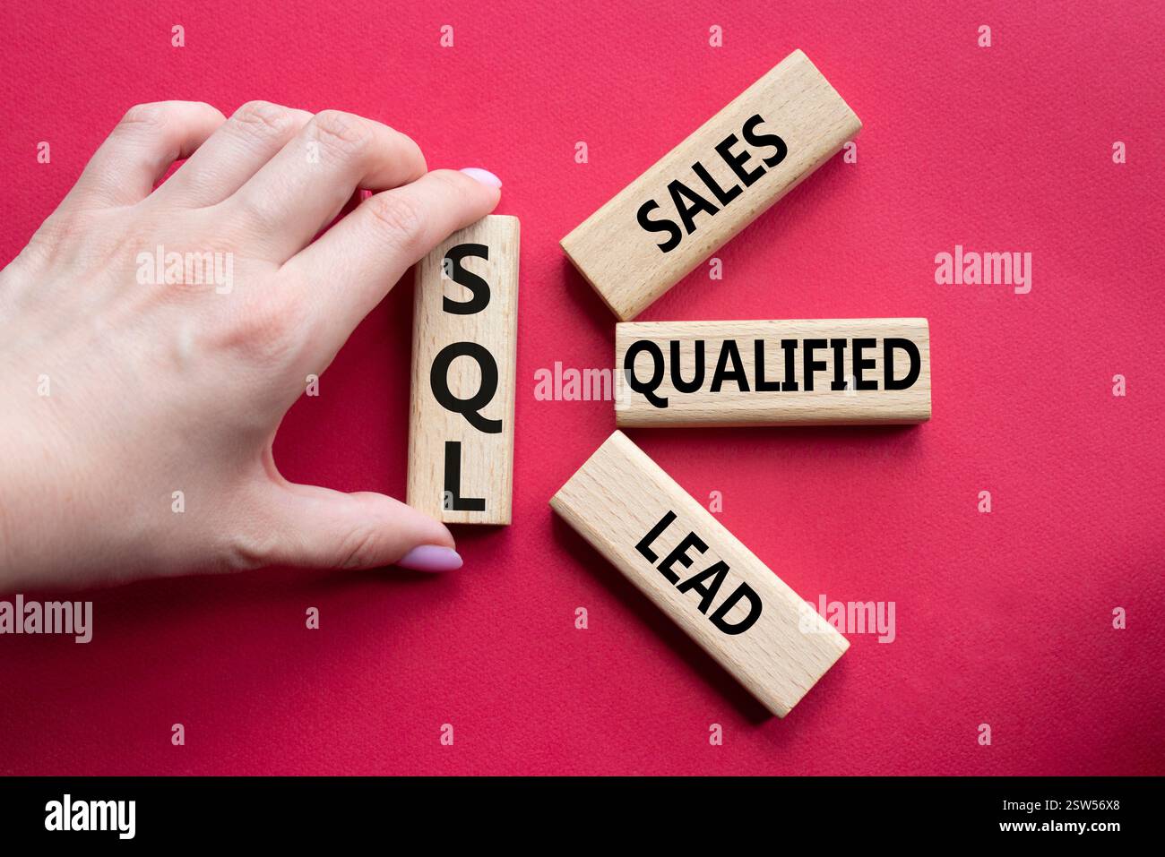SQL - qualifizierter Lead für Vertrieb. Holzwürfel mit SQL-Wörtern. Geschäftsmann Hand. Schöner roter Hintergrund. Business- und SQL-Konzept. Kopierbereich. Stockfoto