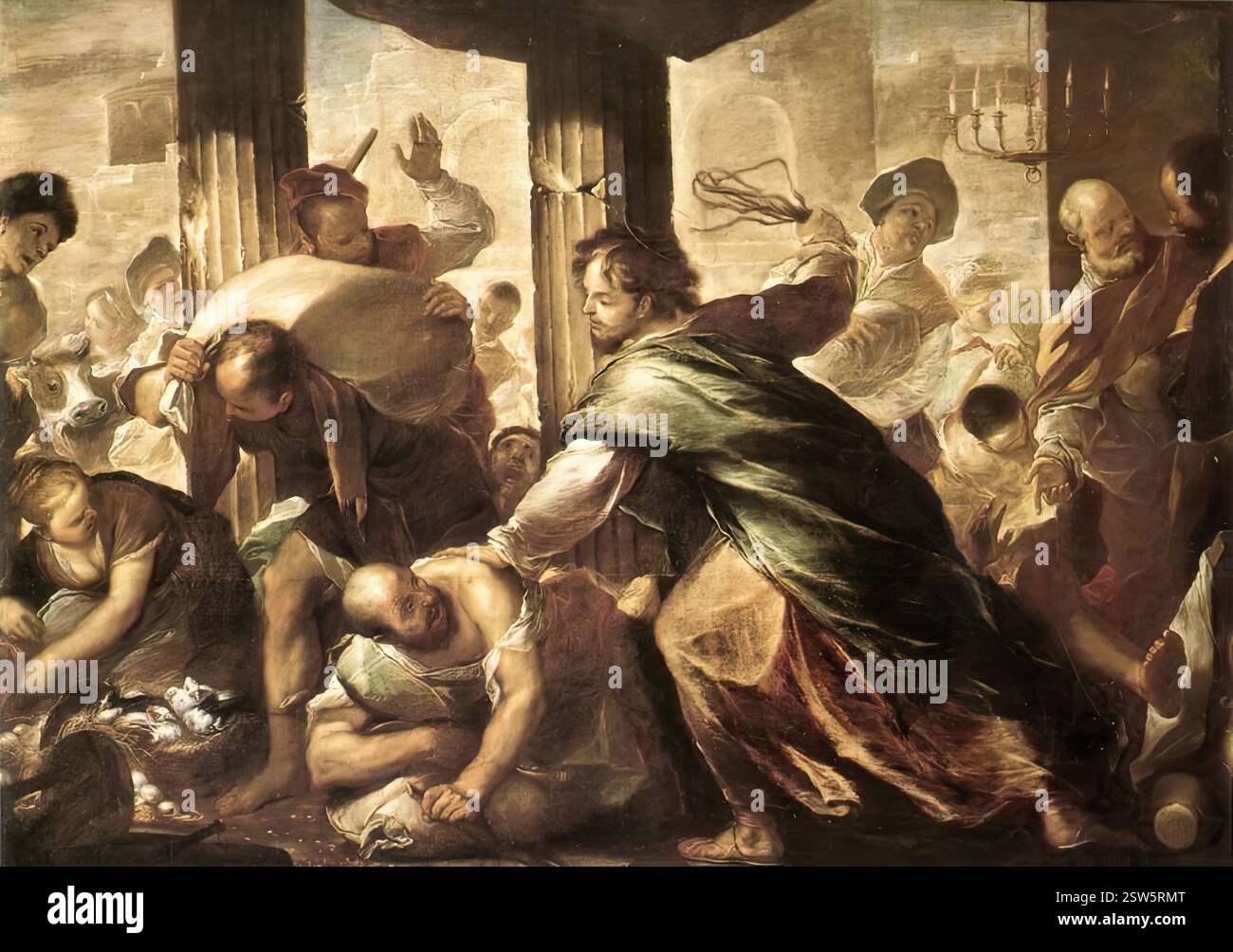 GIORDANO, Luca (* 1632, Napoli, d. 1705, Napoli) Christ Cleansing the Temple - Oil on Canvas Bob Jones University Collection, Greenville Luca Giordano war ein wahrer Chamäleon der Kunst. Giordano war ein Schüler von Ribera, beeinflusst von seiner fast brutalen Art. 1652 besuchte er Rom, Florenz und Venedig. Er nahm etwas von der venezianischen Tradition auf, insbesondere Veronese, die er mit der barocken Theatralik von Pietro da Cortona mischte und den Chiaroscuro im Caravaggio-Stil aufgab. Er schuf viele Stücke für neapolitanische Kirchen; schimmernde Reflexionen seiner erstaunlich schnellen Technik. Stockfoto