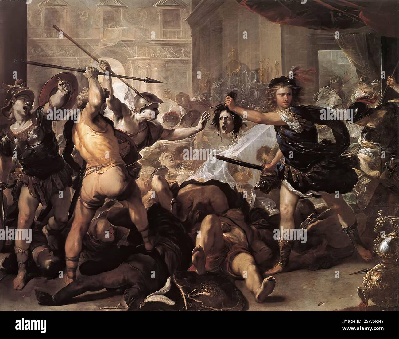 GIORDANO, Luca (* 1632, Napoli, d. 1705, Neapel) Perseus kämpfte gegen Phineus und seine Gefährten um 1670 Öl auf Leinwand, 285 x 366 cm National Gallery, London Neapolitanischer Maler, der bedeutendste italienische dekorative Künstler der zweiten Hälfte des 17. Jahrhunderts. Er erhielt den Spitznamen Luca Fa Presto (Luke Work Rapid) wegen seiner enormen Geschwindigkeit der Ausführung und seiner enormen Leistung. Er begann im Kreis von Ribera, aber sein Stil wurde unter dem Einfluss von so großen dekorativen Malern wie Veronese, deren Werke er auf seinen ausgedehnten Reisen sah, viel bunter. Tatsächlich hat er einen Haufen aufgesaugt Stockfoto