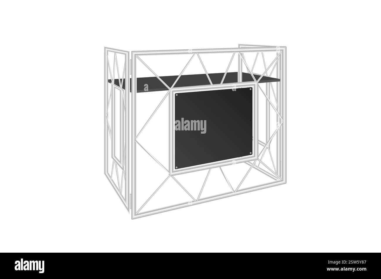 Diskjockeytisch aus Aluminium oder DJ-Booth mit schwarzem Regal für DJ-Controller auf Partys. Im industriellen Look in 3D in Vektor gezeichnet. Stock Vektor