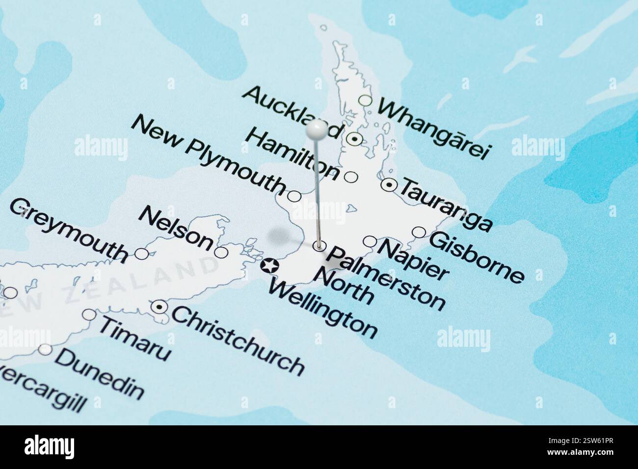 Weiße Nadel in die neue politische Landkarte der Stadt palmerston im Norden neuseelands Stockfoto