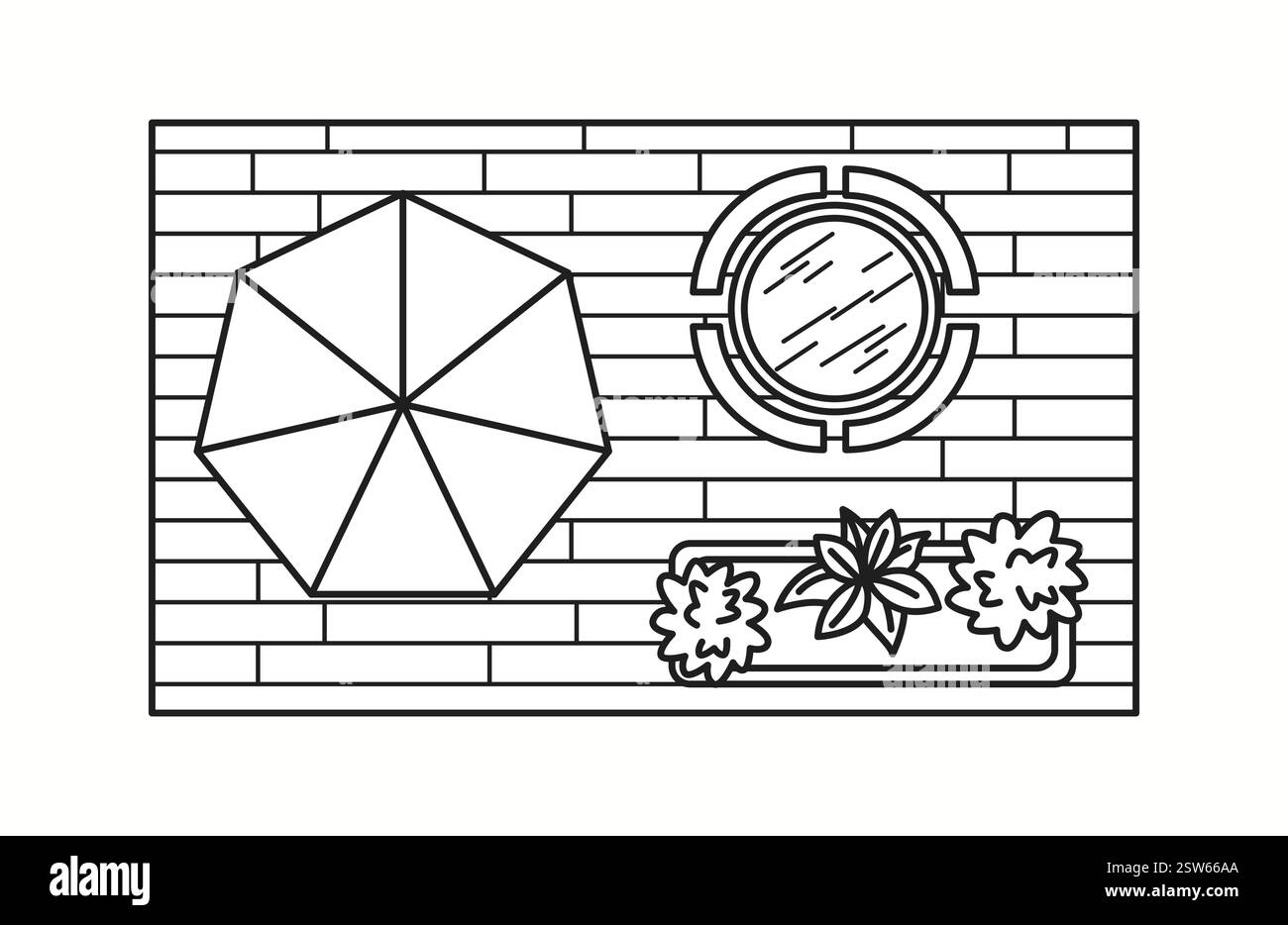 Vektor-Illustration einer Außenterrasse mit Sonnenschirm, Sitzbereich und Gartendekor, von oben betrachtet. Ideal für den Landschafts- und Außenbereich Stock Vektor
