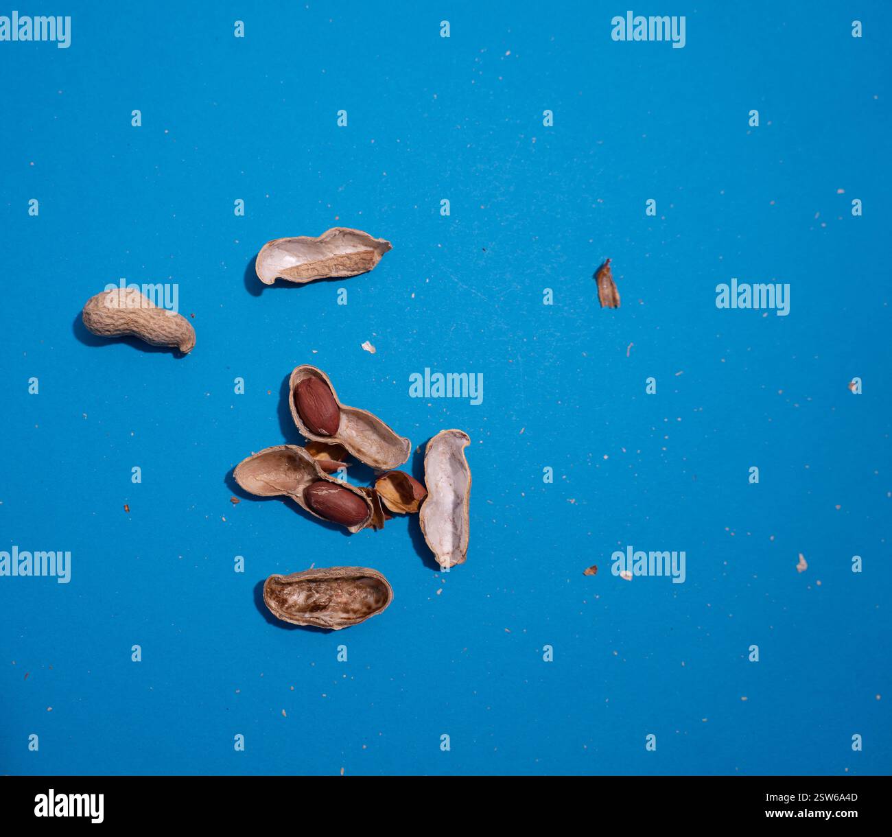 Natürliche ganze Erdnüsse in einer Schale auf blauem Hintergrund. Die Erdnuss von der Schale abziehen. Draufsicht. Stockfoto