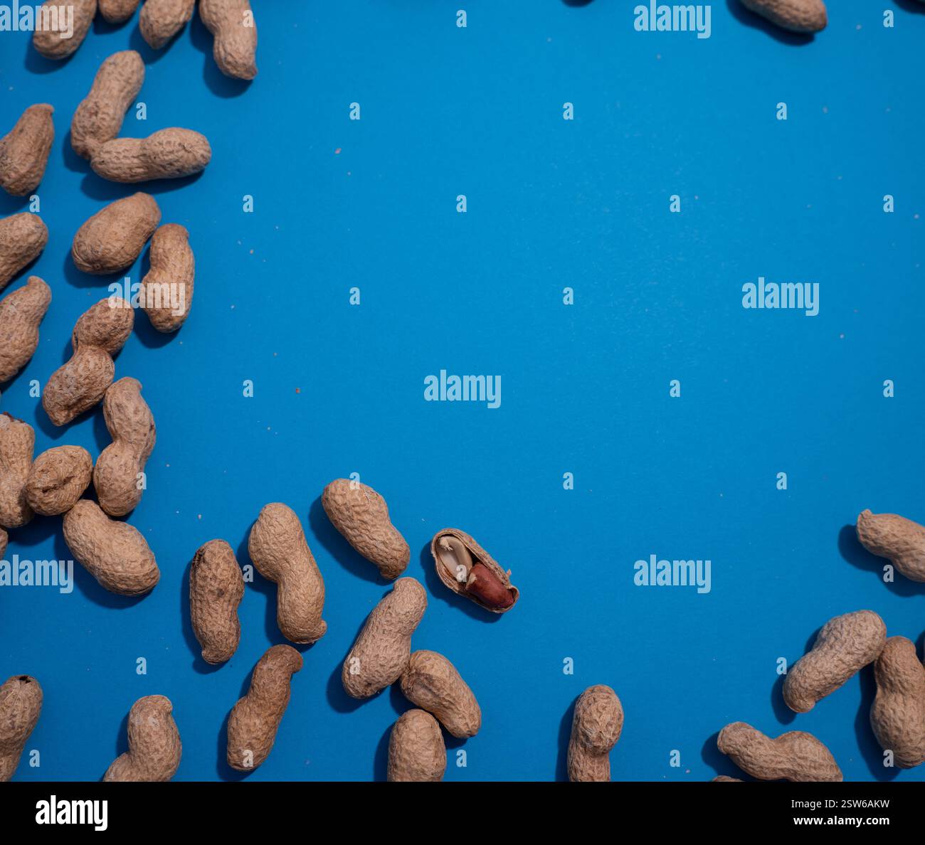 Verstreute Erdnüsse auf blauem Hintergrund mit gebrochenen Schalen und Nüssen. Kopierbereich für Text. Stockfoto