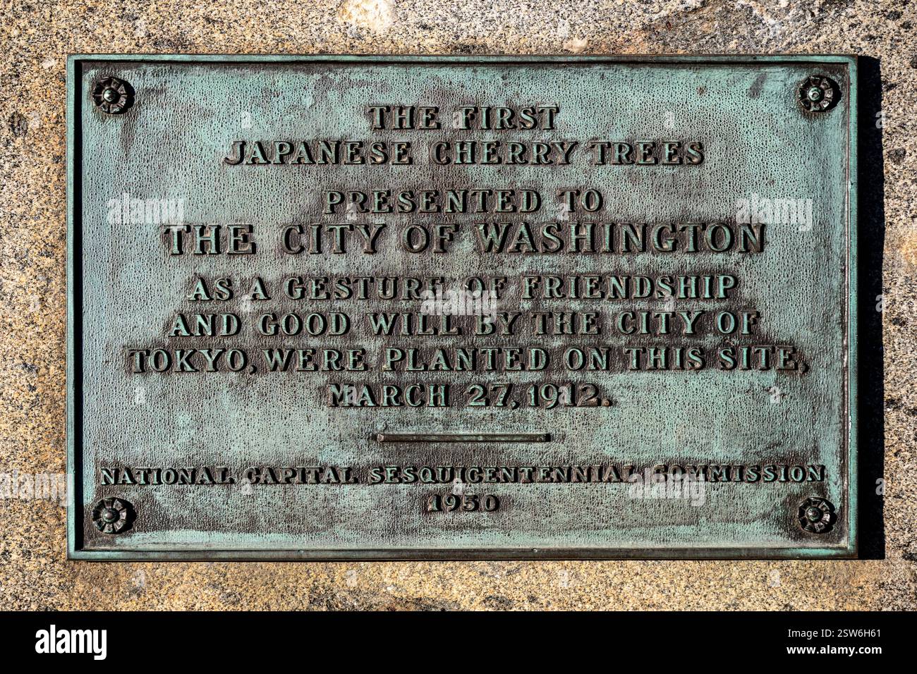 WASHINGTON DC – Eine Gedenktafel am Tidal Basin markiert den Ort, an dem die ersten japanischen Kirschbäume am 27. März 1912 gepflanzt wurden. Die Steinmarkierung weist darauf hin, dass die Bäume ein Geschenk der Stadt Tokio waren als „Geste der Freundschaft und des guten Willens“. Die Gedenktafel wurde 1950 von der National Capital Sesquicentennial Commission installiert, um den kulturellen Austausch zu ehren. Stockfoto