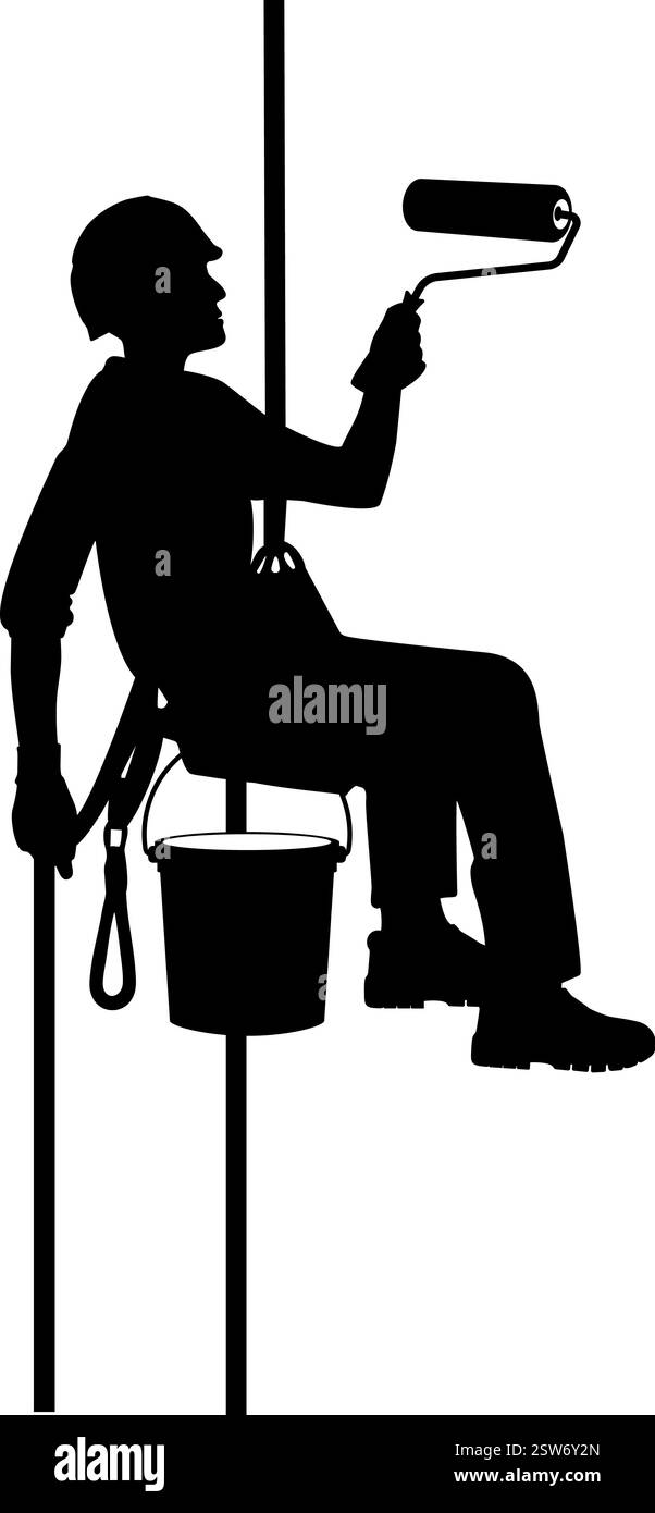 Silhouette eines Seilzugangsmalers mit einer Walze, die durch Seile an einer Gebäudefassade aufgehängt wird Stock Vektor