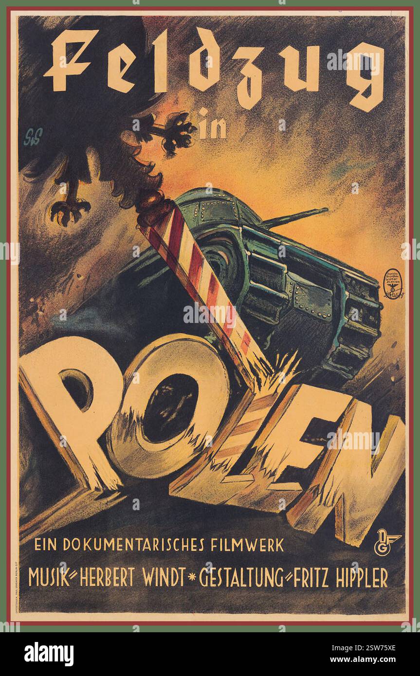 Nazi-Filmplakat für den Propagandafilm „Feldzug in Polen“ von 1940. Der Film dokumentiert und feiert die deutsche Invasion in Polen, die den Zweiten Weltkrieg auslöste. Es gilt als Propagandawerk, das einen voreingenommenen und verherrlichten Blick auf den deutschen Militärfeldzug zeigt. Das Poster zeigt einen Panzer und einen Adler, Symbole deutscher Militärmacht, wobei der Titel „Feldzug in Polen“ deutlich zu sehen ist. Die Musik des Films wurde von Herbert Windt komponiert, Regie führte Fritz Hippler. . Stockfoto