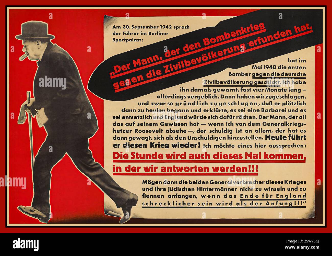 WINSTON CHURCHILL britischer Premierminister Nazi Propaganda Poster 1942 der Mann, der den Bombenkrieg Gegen die Zivilbevölkerung erfunden hat [der Mann, der die Bombenoffensiven gegen die Zivilbevölkerung erfunden hat] Stockfoto