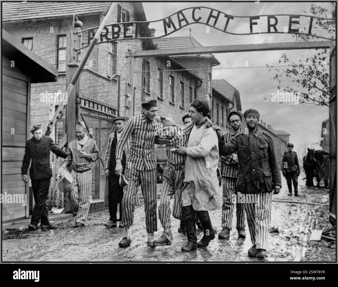 Befreiung Auschwitz. Bis zur Befreiung blieben 3.790 Gefangene im Lager, davon 158 Russen. Dieser Tag ist nun zum Holocaust-Gedenktag geworden. Auschwitz-Birkenau-Gefangene feiern am 26. Januar 1945 ihre Befreiung durch russische Truppen der sowjetischen Armee, dahinter das berüchtigte NS-Vernichtungs- und Konzentrationslager-Eingangsschild „ARBEIT MACHT FREI“. Arbeit gibt Ihnen freien Lauf. 2. Weltkrieg 2. Weltkrieg der ehemalige Nazi besetzte Polen Stockfoto