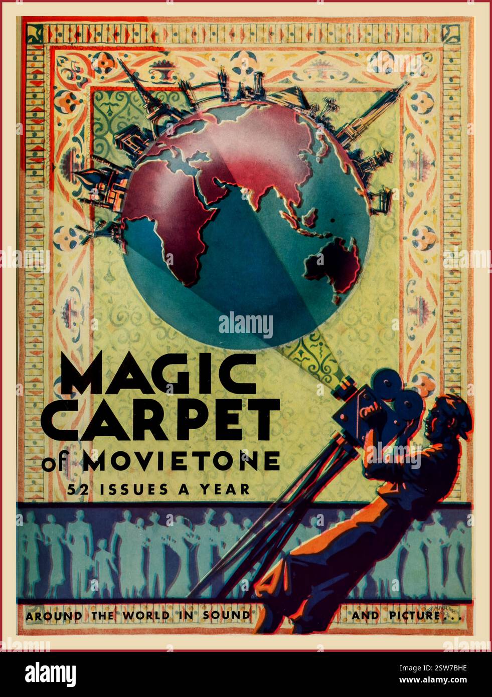 MOVIETONE 1931 Werbematerial für . „Zauberteppich von Movietone“. Around the World in Sound and Picture' The Greater New Fox, 1932-1933' Werbetext in The Film Daily (1932) Movietone News war eine Wochenschau, die von 1928 bis 1963 in den Vereinigten Staaten ausgestrahlt wurde. Unter dem Namen British Movietone News wurde sie von 1929 bis 1986 in Großbritannien ausgestrahlt. Stockfoto