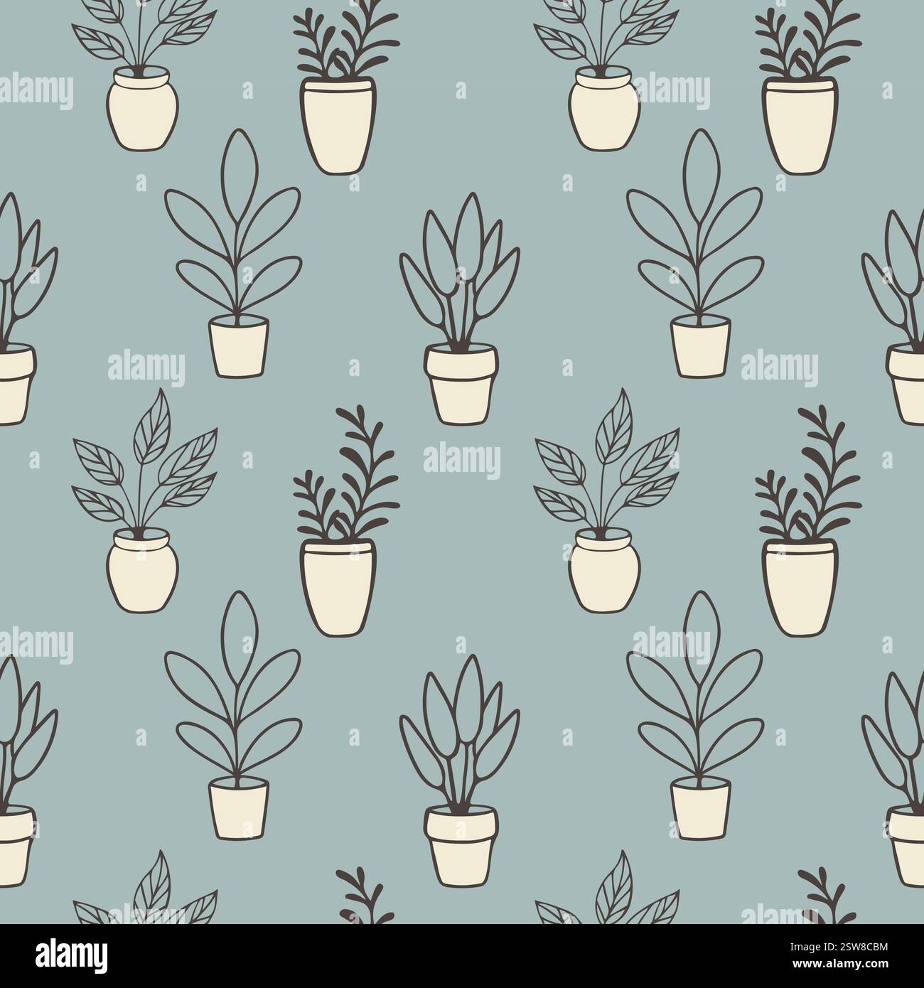 Home Vibe, blaues Pastellmuster mit Pflanzen in Blumentöpfen, gemütliches Zuhause, Entspannungsbereich, Entspannung, Fernarbeit, komfortable Bedingungen. Vektor Stock Vektor