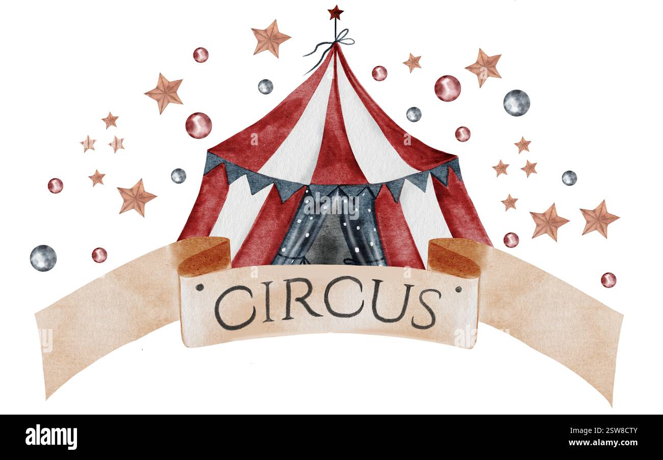 Zirkus-Aquarellbanner. Zirkuszelt im Vintage-Stil handgezeichnet auf weißem Hintergrund. Perfekt für Geburtstage und Babyduschen Stockfoto