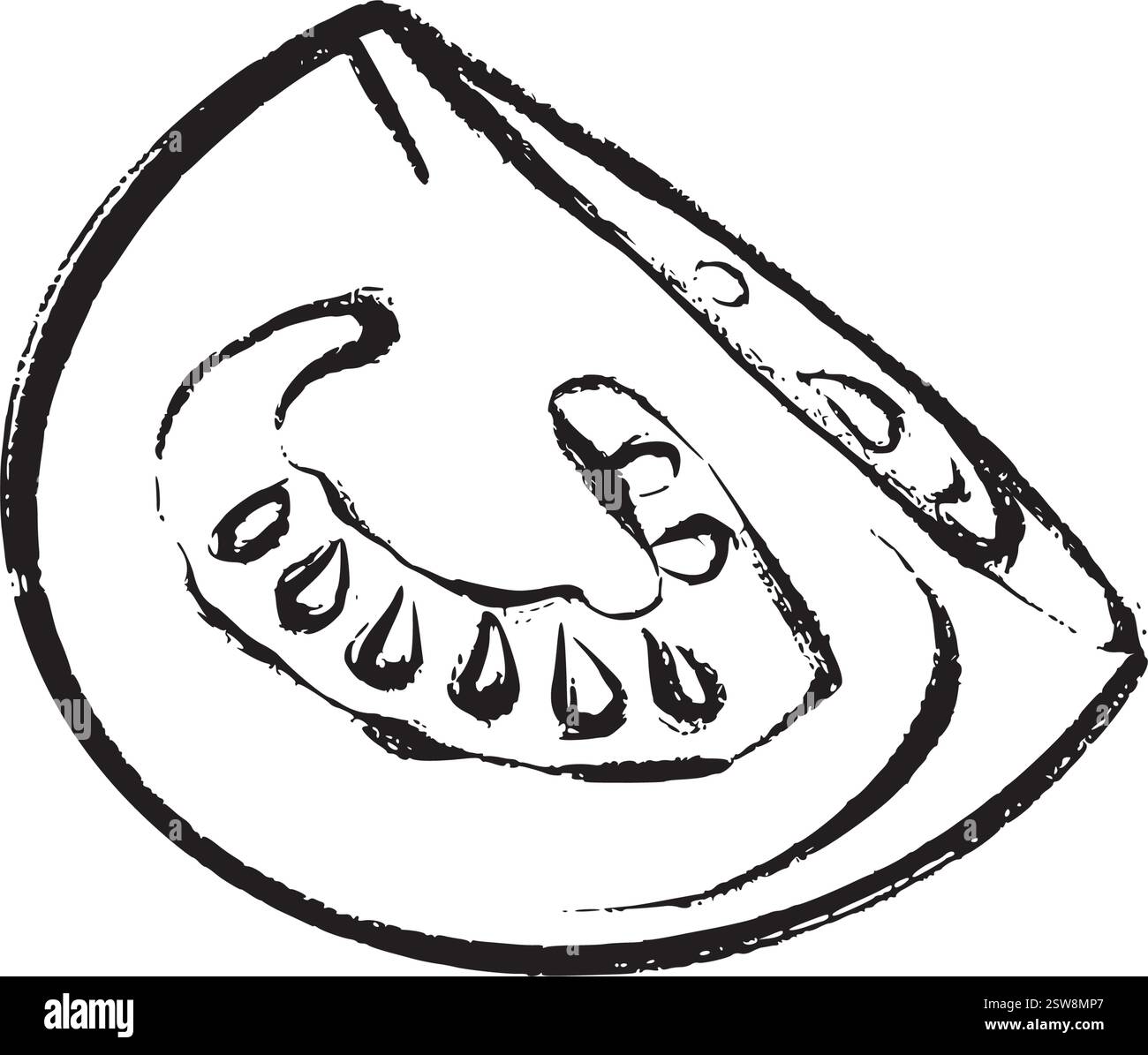Vektorgrafik in Schwarzweiß einer Tomatenscheibe im Skizzenstil. Geeignet für Design, Druck, Verpackung und Dekoration. Stock Vektor